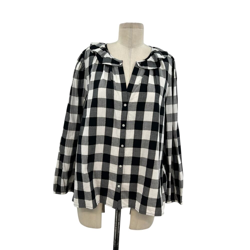 J. Crew Open Ruffle V-neck Button-up Shirt Gingham Plaid Check Black White XL